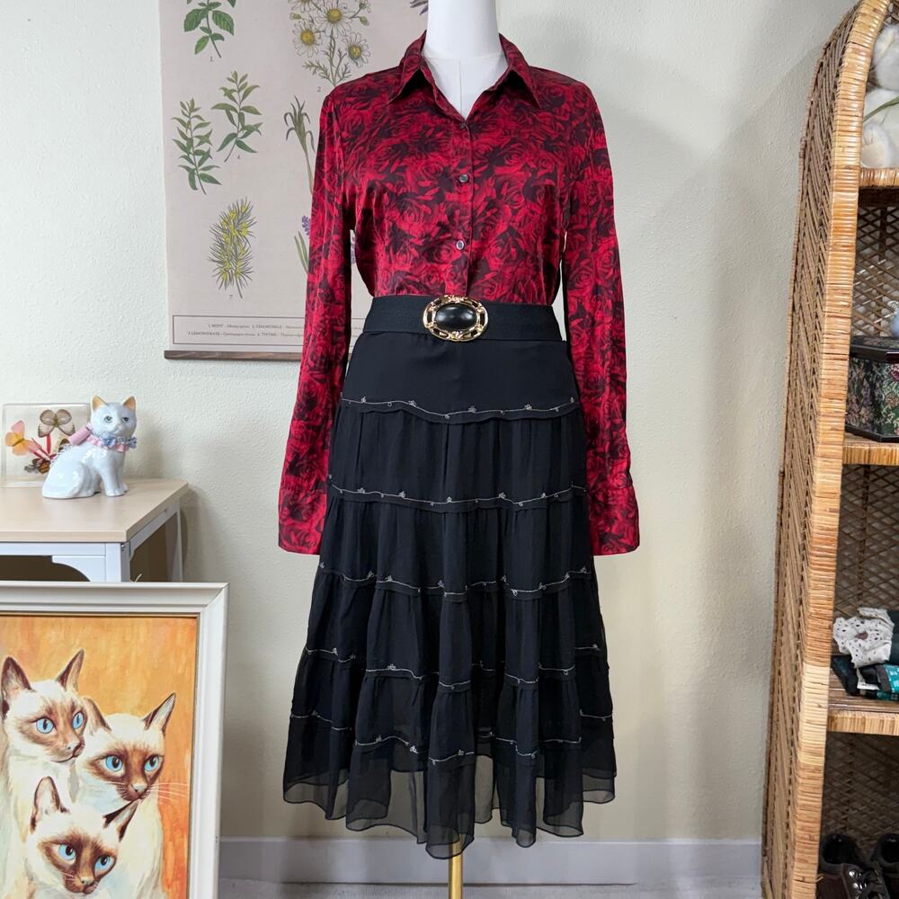 Vtg 90s Y2k Floral Rose Print Silk Shirt Vampire Dark Romantic Goth Vampy Vamp L